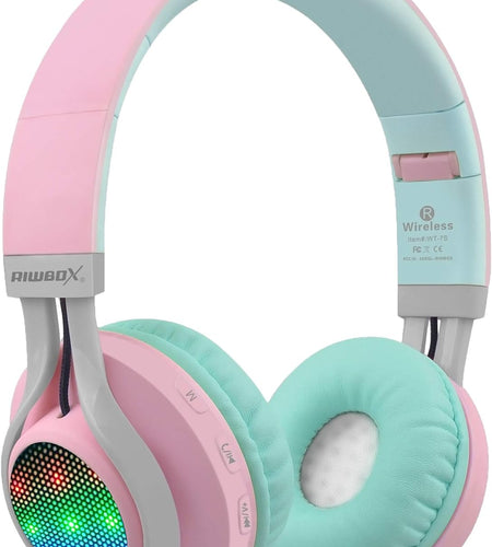 WT-7S Bluetooth Headphones Light Up, Foldable Stero Wireless Headset with Microphone and Volume Control for Pc/Cell Phones/Tv/Ipad (Pink Green)